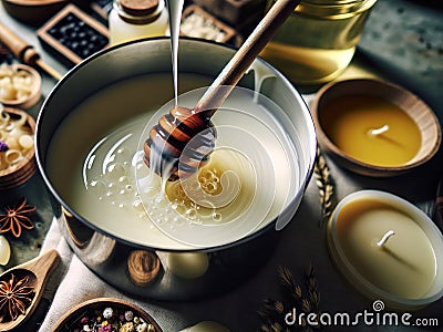 Close-up of a candle making process with melted wax being stirred in a pot, showcasing the texture and fluidity of wax Stock Photo