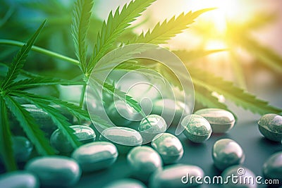 close-up of cannabis pills with a blurred marijuana plant in the background Stock Photo