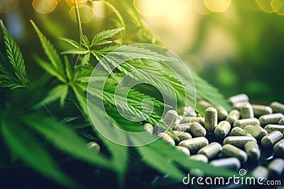 close-up of cannabis pills with a blurred marijuana plant in the background Stock Photo