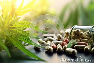 close-up of cannabis pills with a blurred marijuana plant in the background Stock Photo