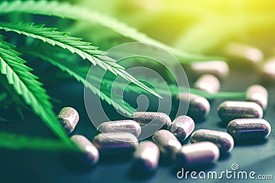 close-up of cannabis pills with a blurred marijuana plant in the background Stock Photo