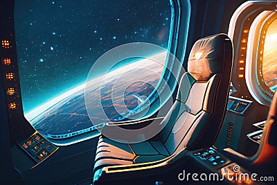 close-up of captain's seat on spaceship, with view of starry space in the background Stock Photo