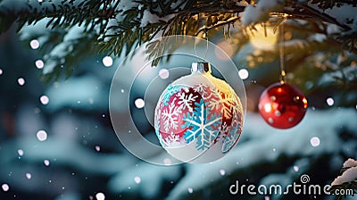 A close-up capture of red and white Christmas ornaments, their festive sparkle contrasting beautifully against the snowy tree Stock Photo