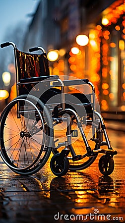 Close-up captures empty wheelchair, pavements handicap symbol representing accessibility commitment Stock Photo