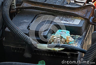 Corrosion on car battery terminal Stock Photo