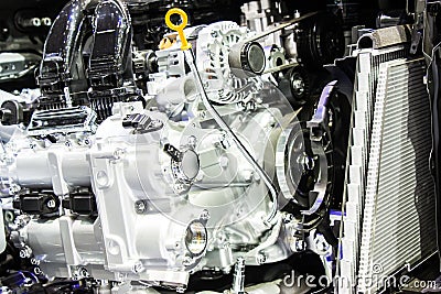 Close up car engine and gear parts of automotive. Stock Photo