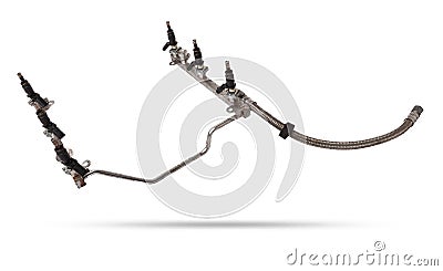 Close-up on a car fuel injector for supplying gasoline to cylinder engine on a white isolated background. Spare parts catalog Stock Photo