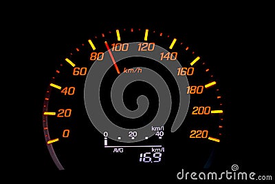 Close up of car speedometer with the needle pointing at 90 kmh on black blackground Stock Photo
