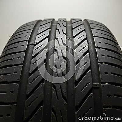 Close-up of a car tire displaying its tread pattern. The tread features symmetrical Stock Photo