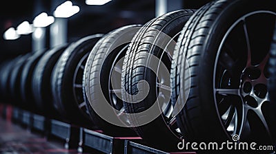 close-up car tires shop collection Stock Photo