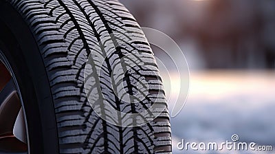 Close up of Car tires in winter on the road covered with snow. Winter tire. Generative Ai Stock Photo
