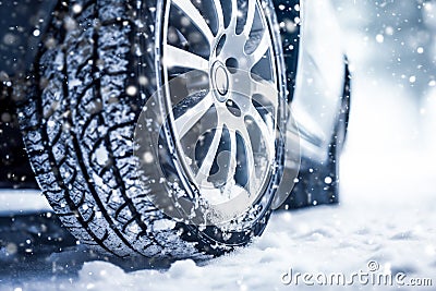 Close up of car tires in winter on the road with snow Stock Photo