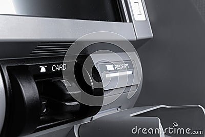 Close Up of Card Reader of an ATM Machine. Different Parts of an Automated Teller Machines. Receipt Printer. Soft Focus Stock Photo