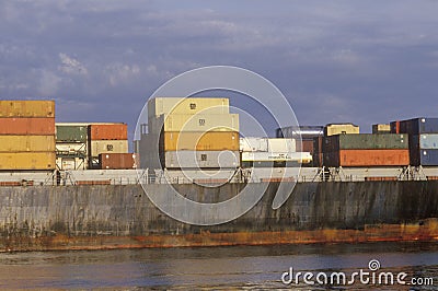 A close-up of a cargo ship in Boston Harbor, Massachusetts Editorial Stock Photo