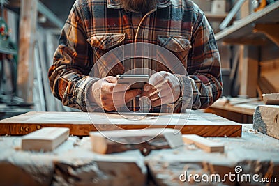 A close-up of a carpenter using his phone in a rustic workshop, highlighting the integration of technology in Stock Photo