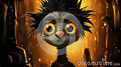 a close up of a cartoon character with a weird look on it's face and a fire in the background Stock Photo