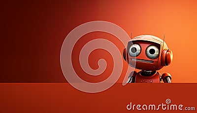 Close up of a cartoon robot. Technology wallpaper in red. Concept of robotics, information technology Stock Photo