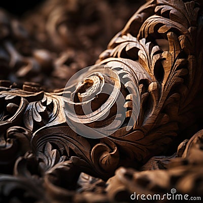 Close up of carved wood on a table, AI Stock Photo