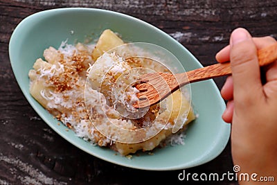 Close up cassava steaming with coconut milk, sesame Stock Photo