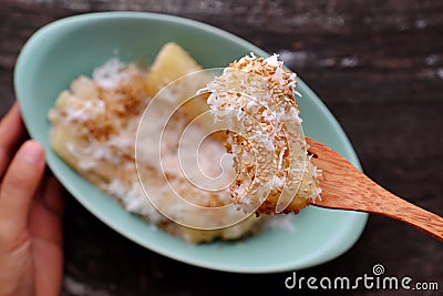 Close up cassava steaming with coconut milk, sesame Stock Photo