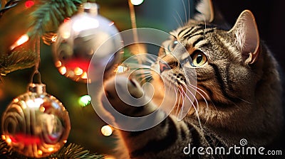 A close-up of a cat playing with a Christmas ornament Stock Photo