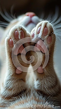 A close up of a cat's paws and feet with the toes curled, AI Stock Photo