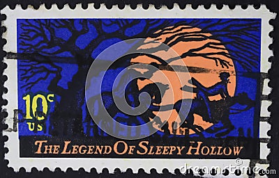 Close up of 10 cent US stamp with motive of the legend of sleepy hollow issued october 1974 Editorial Stock Photo
