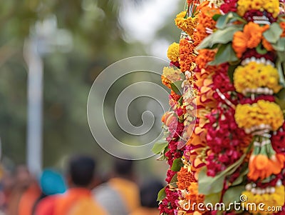 Close-up of a ceremonial procession with a pole decorated with a bunch of colorful flowers held by devotees Stock Photo