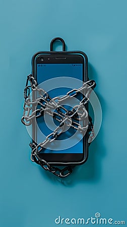 Close-up of a chained smartphone on a dark textured surface, representing digital lockdown, data security, and tech Stock Photo