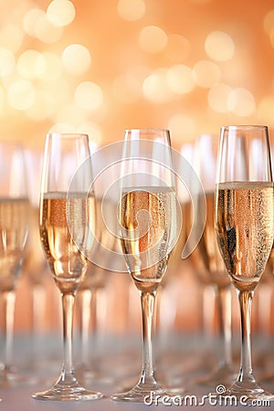 Close up of champagne flutes on golden bokeh lights background. Peach fuzz Color of Year 2024 Stock Photo