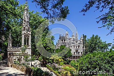 Close up of the Chapel with the Regaleira Palace and Gardens in background. Editorial Stock Photo