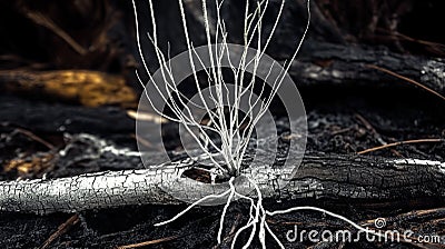 A close-up of a charred tree branch lying on the ground, displaying a network of delicate Stock Photo