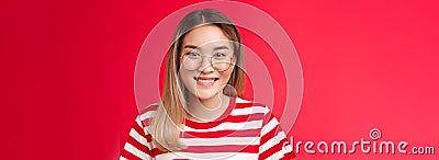 Close-up cheerful asian blond girl wear glasses smiling pleasant, give friendly toothy grin camera talking casually Stock Photo