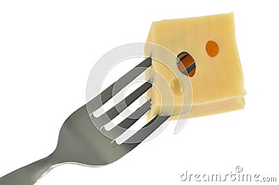 Piece of gruyÃ¨re stung on a fork in close-up on a white background Stock Photo