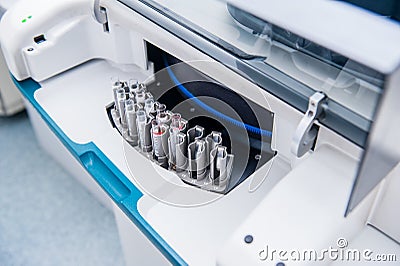 Close up chemical test tubes in in modern laboratory equipment . Selective focus Stock Photo