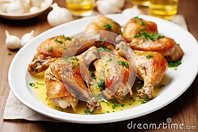 close-up of chicken legs with crispy skin and glossy garlic butter layer on white dishware Stock Photo