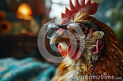 Close Up, Chicken Wearing Glasses - Clear, Informative Photo of a Spectacled Poultry Stock Photo