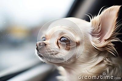 close-up of a chihuahuas eyes squinting in the wind, car window down Stock Photo