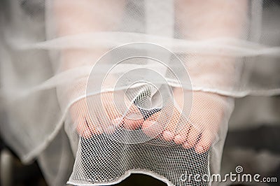 Close-up children`s bare feet under the curtain. Baby boy on wedding. Little baby toes under the cloth. Stock Photo