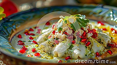 Close-up Chiles en Nogada - a traditional Mexican dish from Puebla, with poblano peppers stuffed with picadillo, topped with Stock Photo