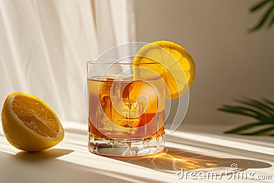 Refreshing Sazerac cocktail with a lemon peel in strong sunlight Stock Photo