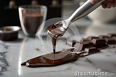 close-up of chocolate being poured over marble countertop, with metal spatulas in the background Stock Photo