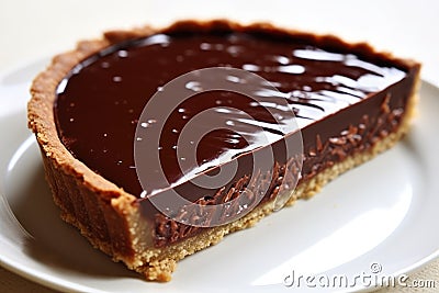 Close up of a chocolate tart on white plate Stock Photo