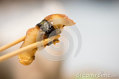 Close up chopsticks hold on sushi Saltwater eel Japanese food for healthy. mage for background Stock Photo