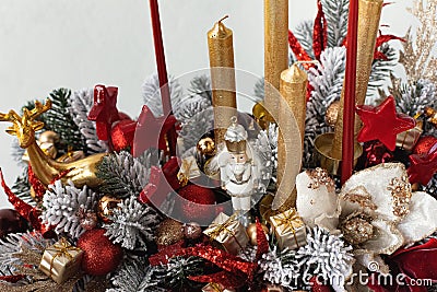 Close-up of a Christmas arrangement of handmade flowers and candles. Christmas mood Stock Photo