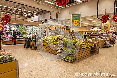 Close up Christmas decorated interior view of famous Swedish ICA supermarket. Trading chain. Editorial Stock Photo