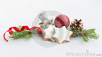 Close up of christmas homemade star cookies over white fluffy background. Christmas decoration. Stock Photo