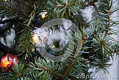 Close up of decorated Christmas tree background Stock Photo