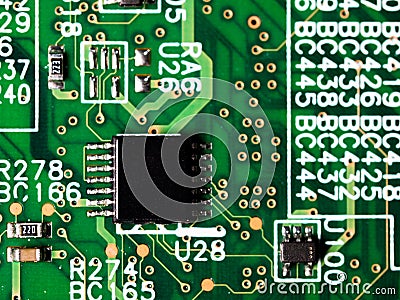 Close-up of circuit board with integrated circuits, resistors and capacitors Stock Photo