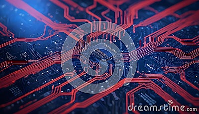 Close-up of a circuit board with intricate red lines and a central processor, highlighting the complexity of technology Vector Illustration